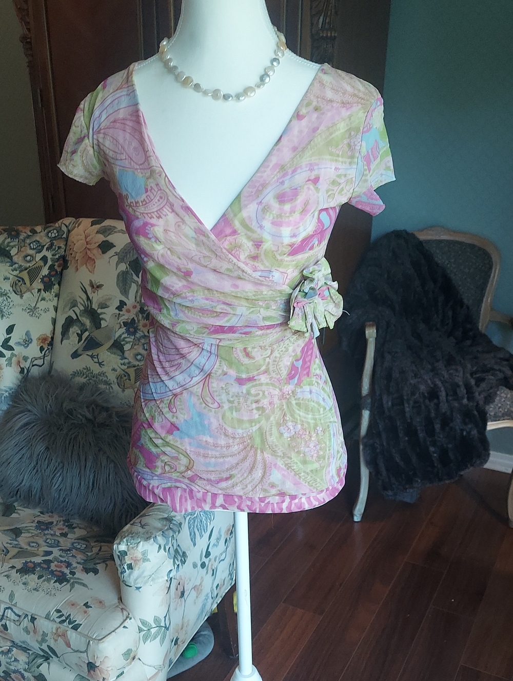 Floral Paisley Wrap Blouse with Side Tie - Pink
